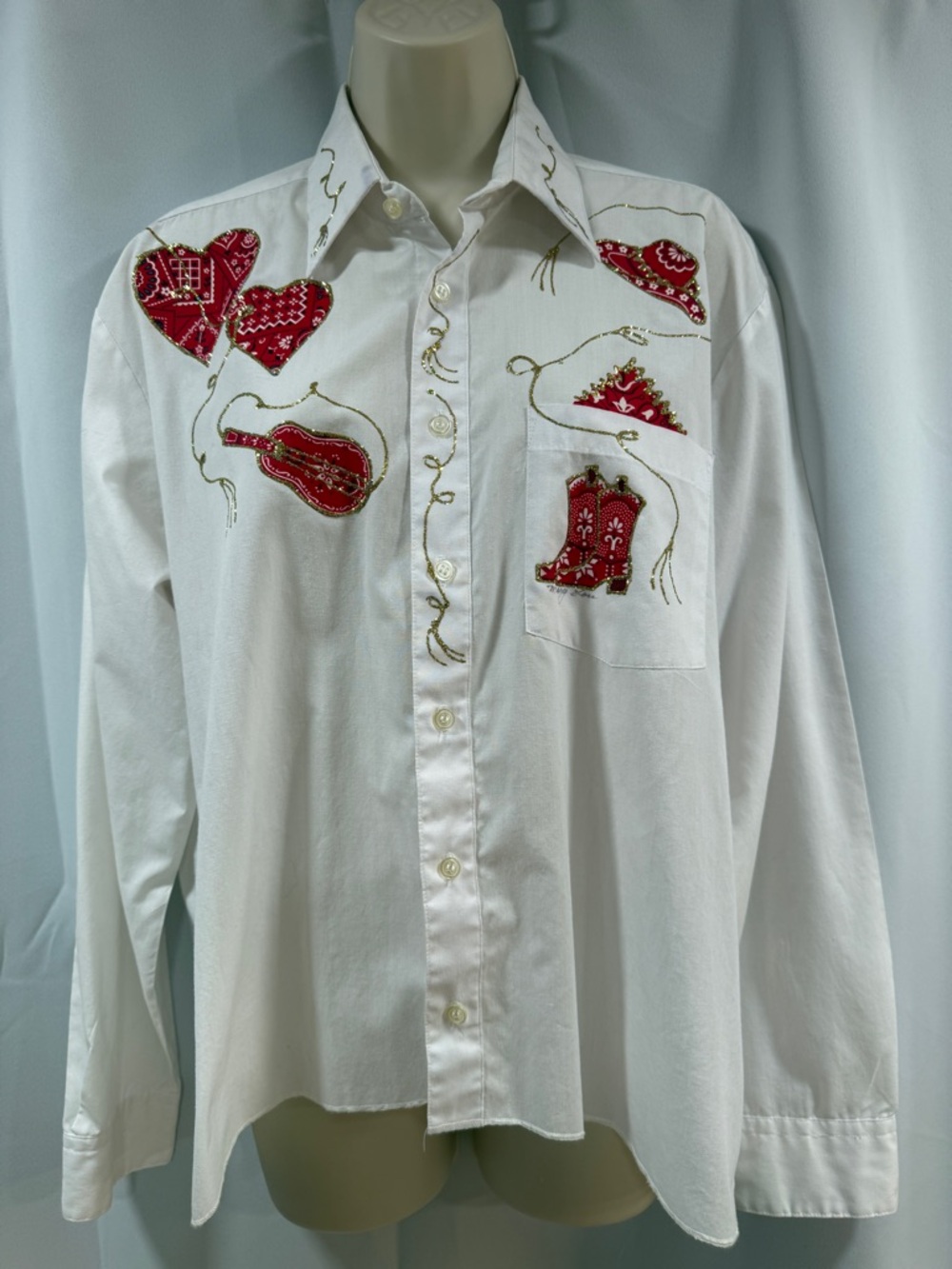 Western Embroidered Button-Up Shirt with Red Appliqué gold glitter up-cycled